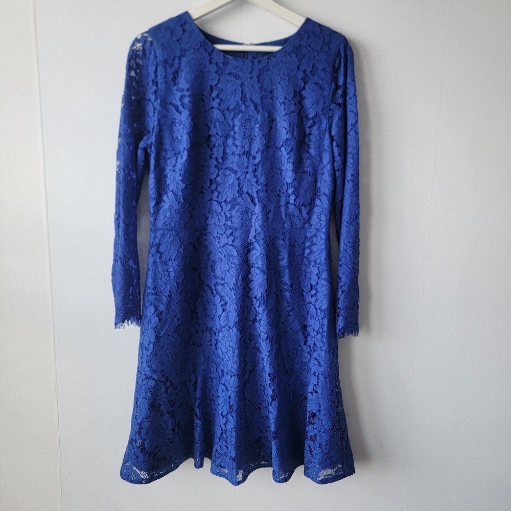 J. Crew women's Cobalt Blue Lace Mini Fit & Flare Full Sleeve Dress size 10